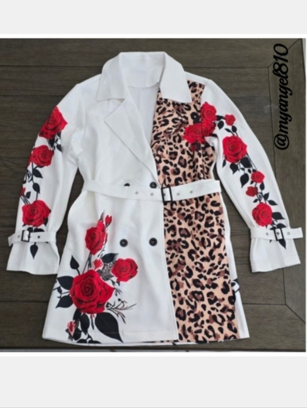 White Double-Breasted Blazer with Red Rose & Leopard Print, Size XL - Picture 3 of 7